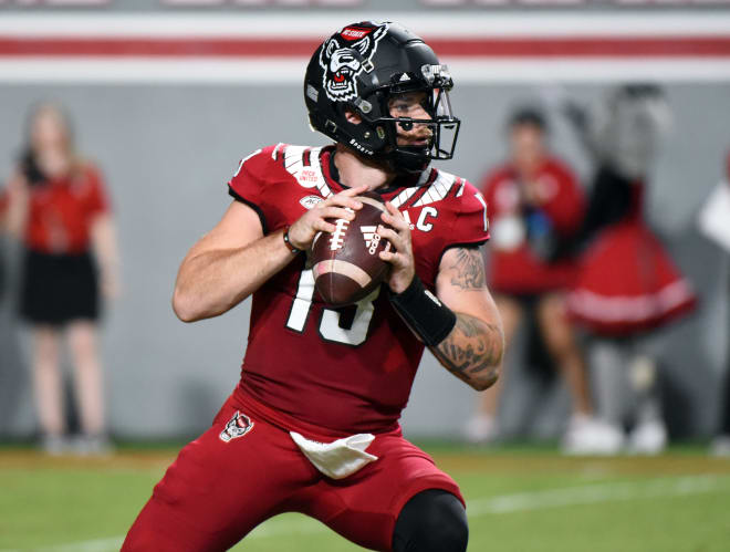 Sep 24, 2022; Raleigh, North Carolina, USA; North Carolina State Wolfpack quarterback Devin Leary (13) looks to throw during the first half against the Connecticut Huskies at Carter-Finley Stadium.