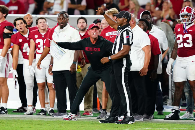 Alabama Crimson Tide head coach Kalen DeBoer asks for a pass interference call against the Georgia Bulldogs during the first half at Bryant-Denny Stadium. Photo | John David Mercer-Imagn Images