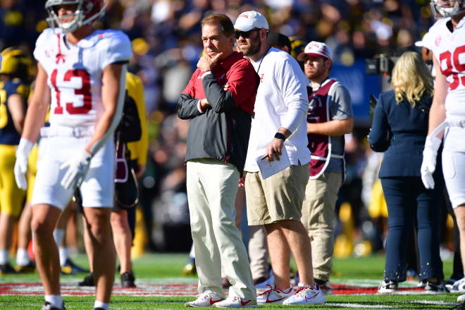 Photo: Alabama Crimson Tide head coach Nick Saban looks on during warmups before the 2024 Rose Bowl college football playoff semifinal game against the Michigan Wolverines at Rose Bowl. Photo | Gary A. Vasquez-USA TODAY Sports