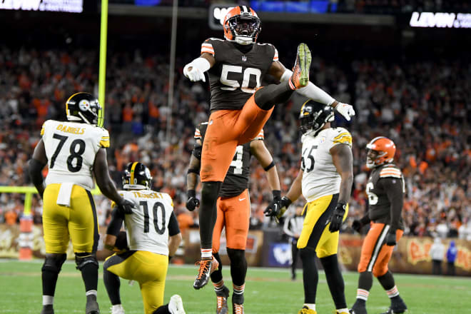 Third-year year pro and former LSU linebacker Jacob Phillips of the Cleveland Browns celebrates his second career sack in last Thursday's win over the Pittsburgh Steelers.
