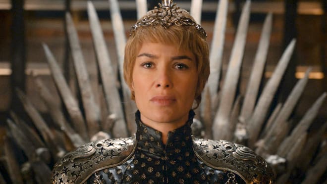 Cersei Lannister, cold and unforgiving, sits on the Iron Throne...
