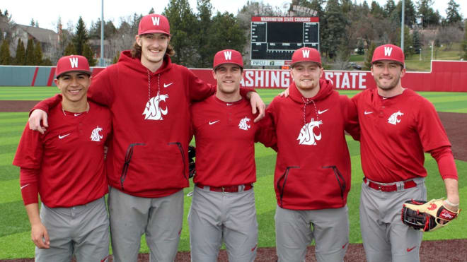 Senior p[itchers Cody Anderson (2nd from left) and Scotty Sunitsch (2nd from right) are 2 of WSU's 5 captains in 2018