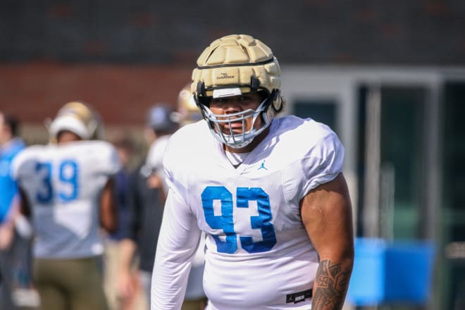 UCLA defensive tackle Jay Toia, seen here during last year's spring camp, announced Thursday that he is entering the transfer portal. Toia did not practice Thursday morning.