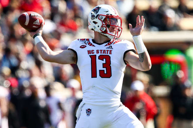 NC State Wolfpack quarterback Devin Leary throws a pass.