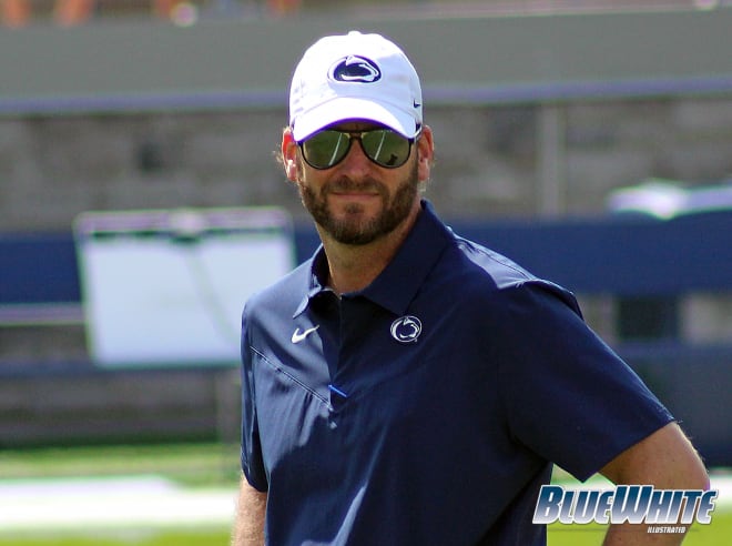 Penn State offensive coordinator Mike Yurcich looks on at pregame warmups prior to the Nittany Lions' matchup with Ball State. BWI photo/Greg Pickel