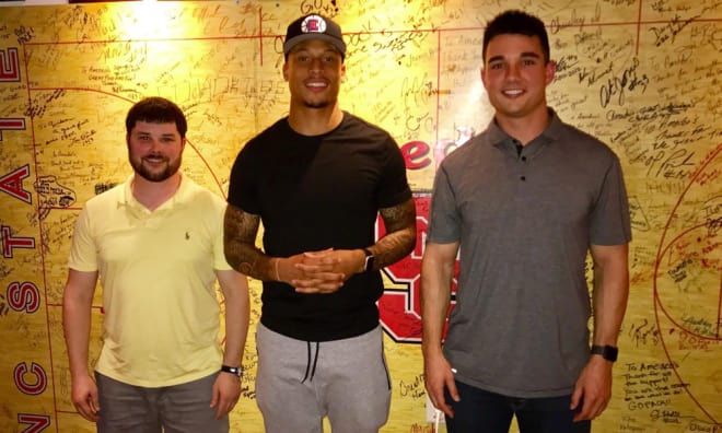 Host Ryan Tice (left) was joined by two former NC State safeties on Monday night, NFL Draft prospect Josh Jones (middle) and Brandan Bishop (right).