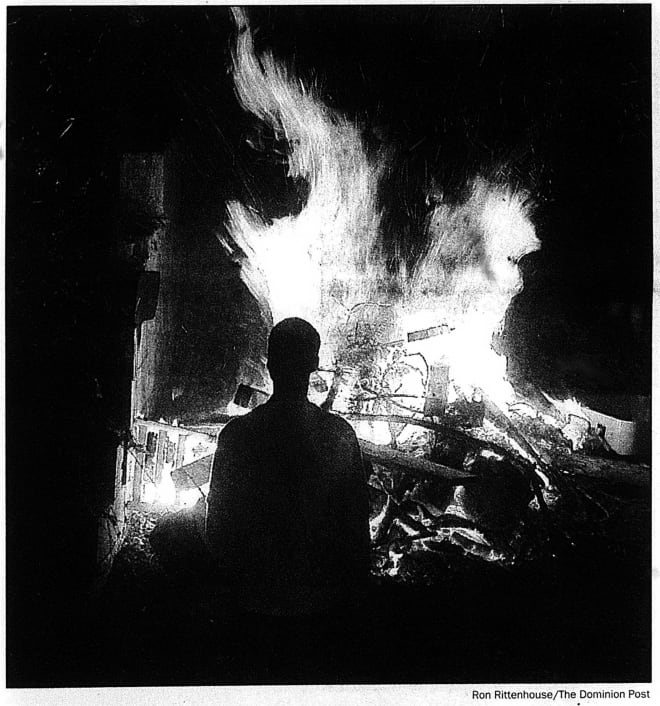 Fires sprouted up across Morgantown following the upset victory. This photo was printed in the Dominion Post on Oct. 24. 