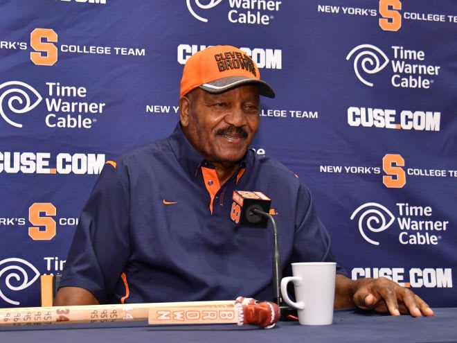 Sep 16, 2016; Syracuse, NY, USA; Jim Brown, former Syracuse University football star and NFL Hall of Fame member, speaks on campus during a press conference at the Ferguson Auditorium. Mandatory Credit: Mark Konezny-USA TODAY Sports