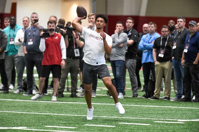 Quarterback Bryce Young throws during Pro Day at Hank Crisp Indoor Practice Facility on the campus of the University of Alabama. Photo | Gary Cosby Jr.-Tuscaloosa News