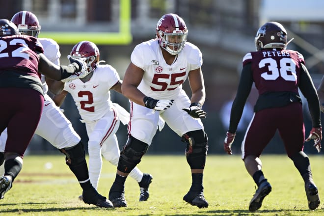 Alabama Crimson Tide offensive lineman Emil Ekiyor Jr.  (55) prepares for a block against Mississippi State. Photo | Getty Images