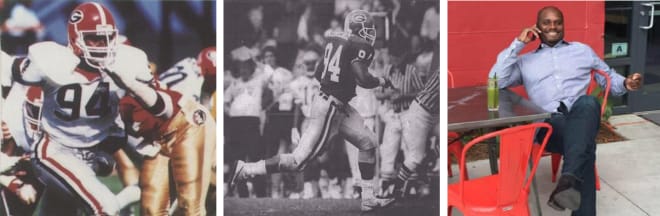 WYCLIFFE LOVELACE (L to R): As a freshman vs. Florida State in the ’84 Citrus Bowl, returning an interception for a touchdown vs. Georgia Tech in 1988, and currently he has worked 30-plus years in the beverage alcohol market.