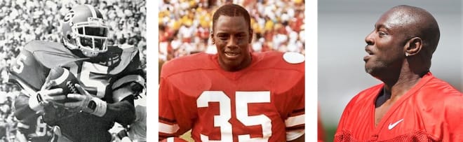 Andre "Pulpwood" Smith in 1984 (left and center); at a recent G-Day flag football game (right).