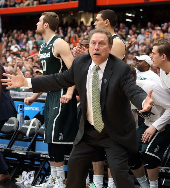 Michigan State head coach Tom Izzo reacts during the second half against the Louisville Cardinals in the NCAA East Regional Final on Sunday, March 29, 2015 at Carrier Dome in Syracuse, NY