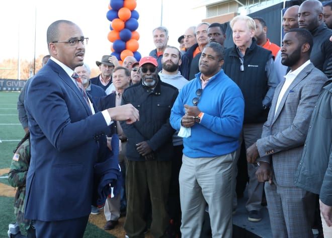 New UVa football coach Tony Elliott meets with alumni following his introduction on Monday afternoon.