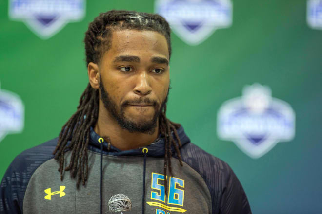 Former Alabama linebacker Tim Williams speaks to the media during the 2017 combine at Indiana Convention Center. Mandatory Credit: Trevor Ruszkowski-USA TODAY Sports.