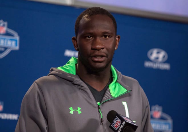 Jerell Adams speaks to the media at the NFL Combine
