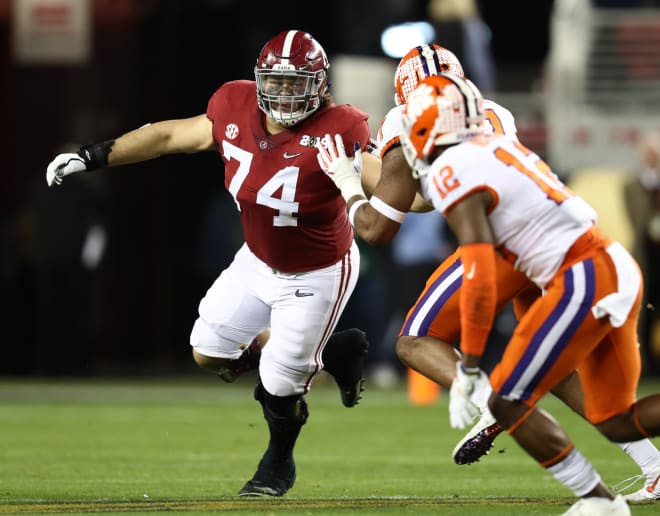Alabama Crimson Tide football's Jedrick Wills Jr. is a projected NFL Draft pick at the right tackle spot.