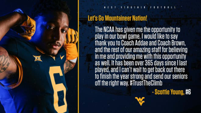 Young will make his season debut for the West Virginia Mountaineers football team.