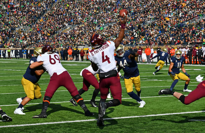 Quarterback Quincy Patterson and the Hokies nearly ended Notre Dame's 15-game home winning streak before the Irish rallied to a 21-20 victory  in the closing seconds.
