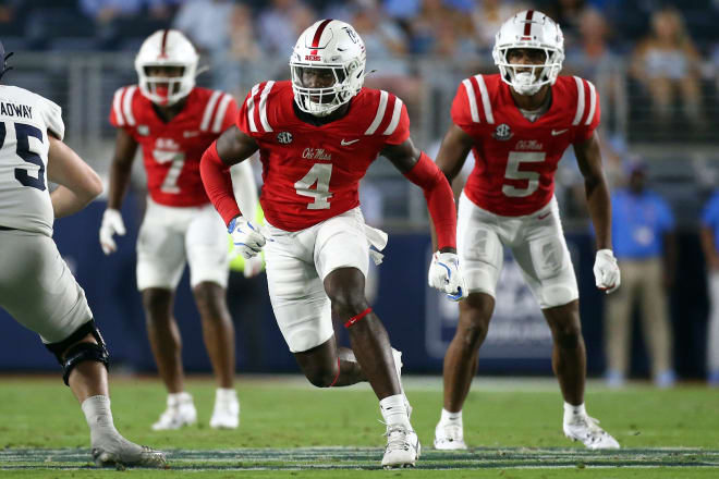 Ole Miss Rebels linebacker Suntarine Perkins (4) rushes during the first half against the Georgia Southern Eagles at Vaught-Hemingway Stadium. Mandatory Credit: Petre Thomas-Imagn Images