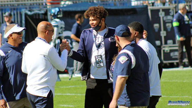 Penn State commit Mathias Barnwell shakes Nittany Lions football head coach James Franklin's hand after he picked PSU on Saturday. BWI photo/Greg Pickel