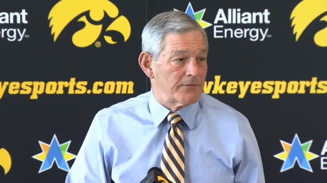 Kirk Ferentz addresses reporters during his news conference on February 1, 2023.