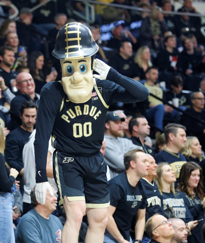 Purdue Pete gets the crowd going before a game against Indiana Feb. 25, 2023.