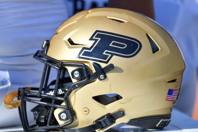 Sep 18, 2021; South Bend, Indiana, USA; A Purdue Boilermakers helmet sits ready on the bench in the third quarter against the Notre Dame Fighting Irish at Notre Dame Stadium. Mandatory Credit: Matt Cashore-USA TODAY Sports