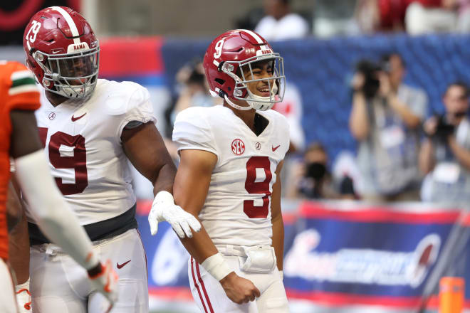 Alabama Crimson Tide quarterback Bryce Young (9) reacts after running back Trey Sanders (not pictured) scored a touchdown during the third quarter of their game against the Miami Hurricanes at Mercedes-Benz Stadium. Photo | USA Today