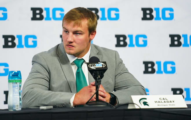 Michigan State Spartans linebacker Cal Haladay speaks to the media during the Big Ten football media day at Lucas Oil Stadium.
