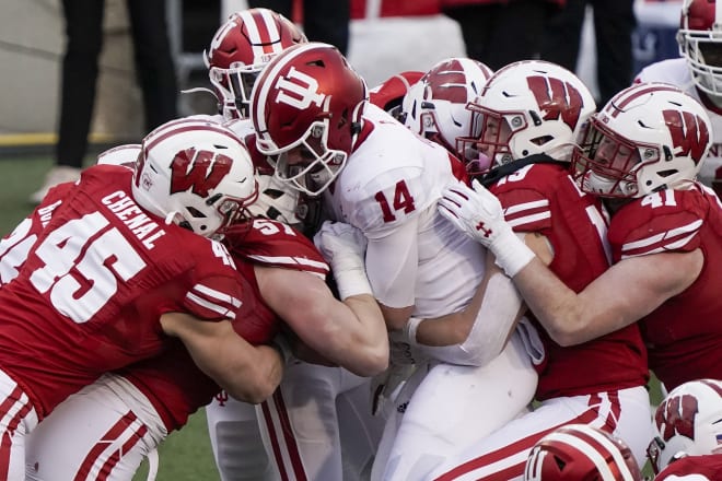 Indiana quarterback Jack TuttleI is stopped on a run during the first half of Indiana's 14-6 win over Wisconsin.