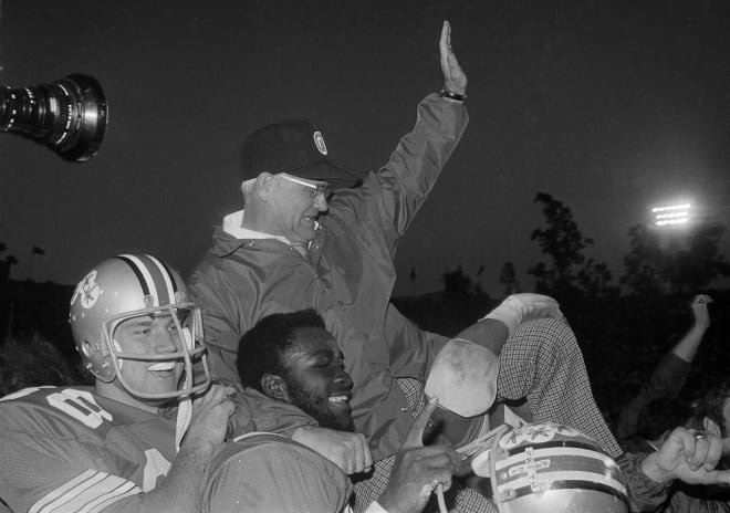 Woody Hayes celebrates after the 1974 Rose Bowl