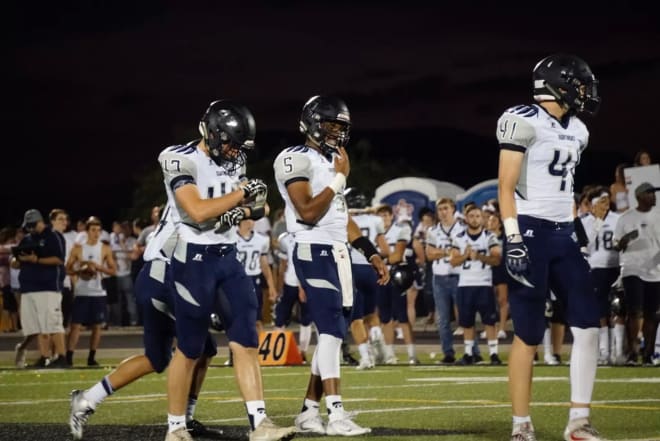 Ironwood Ridge juniors FB Luca Moioli (left), QB Octavio Audry-Cobos (center), and TE Ryan Lukasik-Drescher (right) approach the line of scrimmage in a road game from last August.  (Photo by Ralph Amsden)