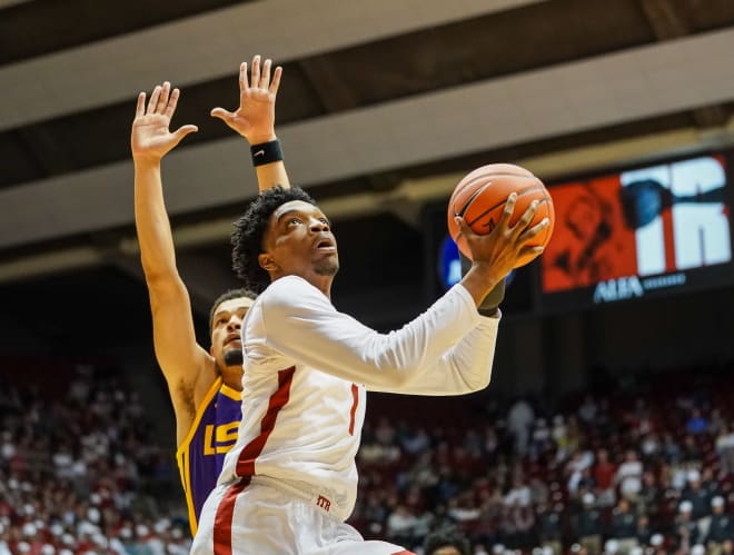 Alabama Crimson Tide forward Herbert Jones (1) goes to the basket against LSU Tigers during the second half at Coleman Coliseum. Photo | Imagn