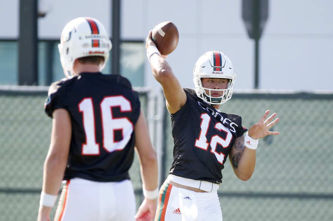 Malik Rosier (12) and Evan Shirreffs (16) are two of Miami's four QBs battling to start.