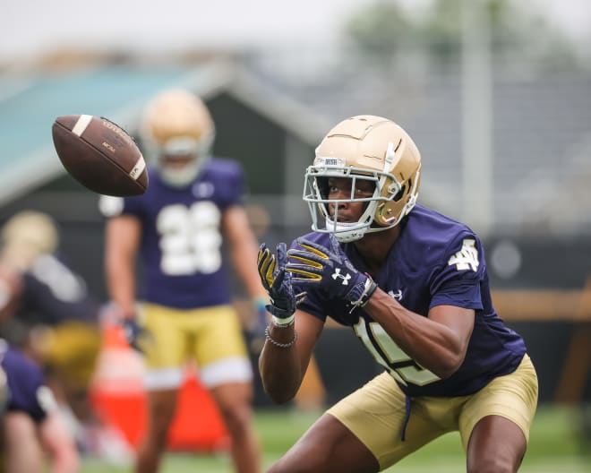 Wide receiver Tobias Merriweather was one of many freshmen who got a significant amount of practice reps Friday on the first day of Notre  Dame football training camp.