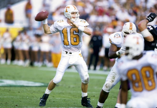 Jan 2, 1997; Orlando, FL; USA; FILE PHOTO; Tennessee Volunteers quarterback Peyton Manning (16) in action during the 1997 Citrus Bowl where Tennessee defeated the Northwestern Wildcats 48-28 at the Florida Citrus Bowl Stadium.