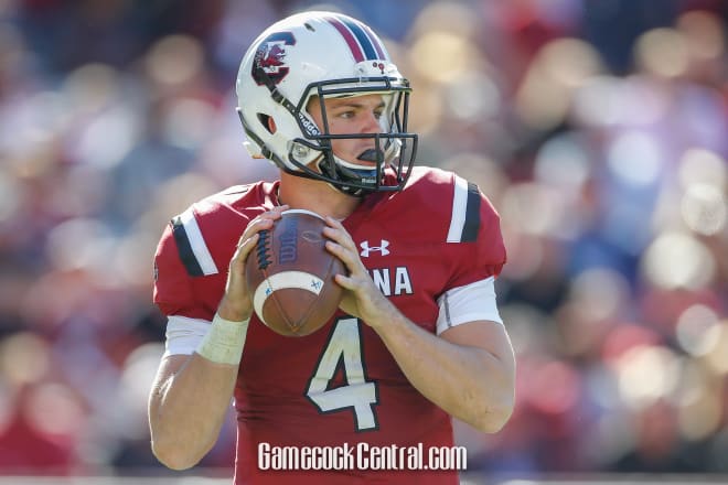Jake Bentley looks to pass during the 4th quarter of the game against UMass.  The Gamecocks won 34-28.