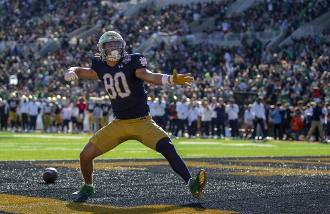 Wide receiver Jordan Faison celebrates a touchdown during Notre Dame's Sun Bowl victory over Oregon State on Dec. 29.