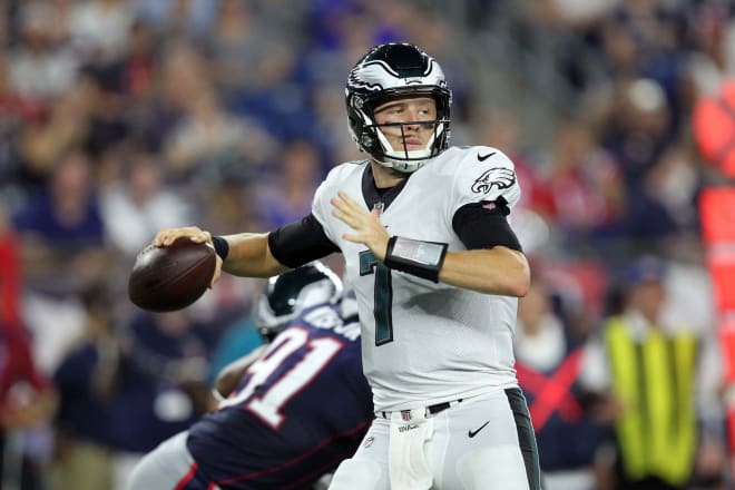 Philadelphia Eagles quarterback Nate Sudfeld (7) passes the ball against the New England Patriots during the second quarter at Gillette Stadium. The former IU quarterback is currently the NFL's preseason passing leader at 452 yards after throwing for 312 against the Patriots last week.