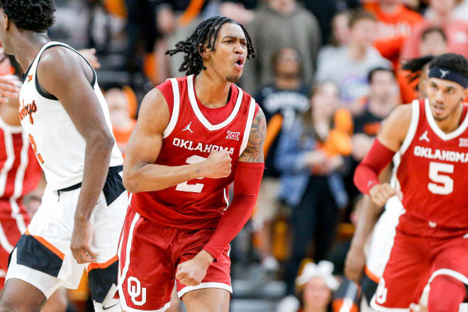 Oklahoma guard Javian McCollum (2) celebrates scoring in the second half during an NCAA basketball game between Oklahoma and Oklahoma State