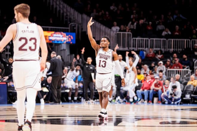 ATLANTA, GA - December 09, 2023 - Mississippi State Guard Josh Hubbard (#13) during the game between the Tulane Green Wave and the Mississippi State Bulldogs at State Farm Arena.