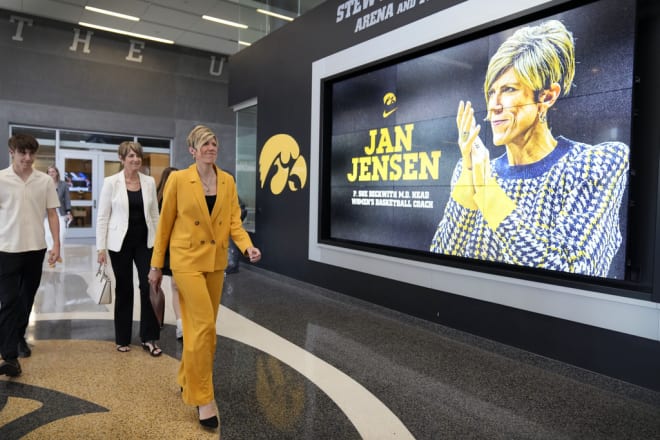 Jan Jensen arrives at her introductory press conference as the sixth head coach in Iowa women's basketball history on Wednesday, May 15, 2024.