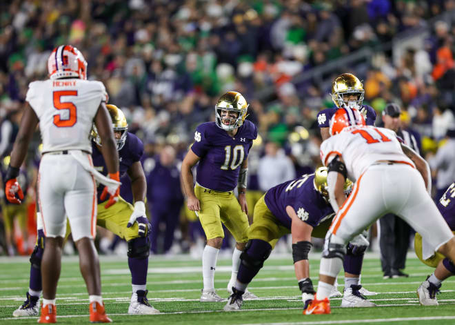 ND coach Marcus Freeman named QB Drew Pyne (10) Offensive Player of the Game for his role in the Irish upset of Clemson.
