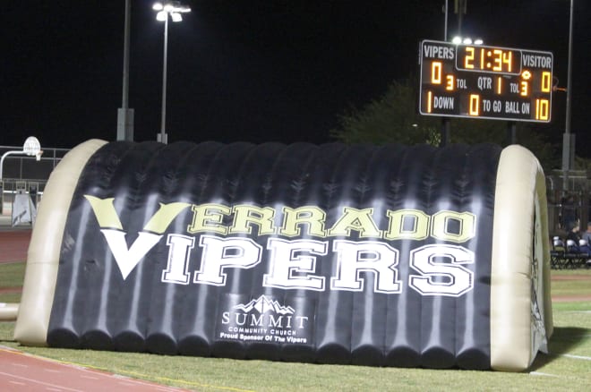 On Friday nights way out West in Buckeye, the Vipers emerge from this tunnel for some competition.  After starting the '19 season with a pair of road games, Verrado opens its home slate on Sept. 13 against Williams Field.