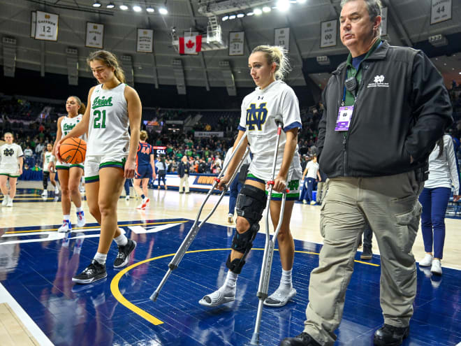 Notre Dame guard Dara Mabrey, on crutches, will have her right knee evaluated Monday after injuring it early in Sunday's Irish victory.