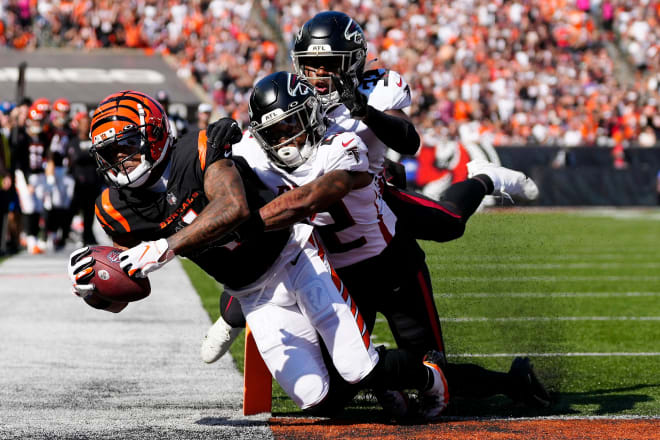Ex-LSU wide receiver Ja'Marr Chase of the Cincinnati Bengals scores his second TD of the day in Sunday's 35-17 Cincy win over Atlanta.
