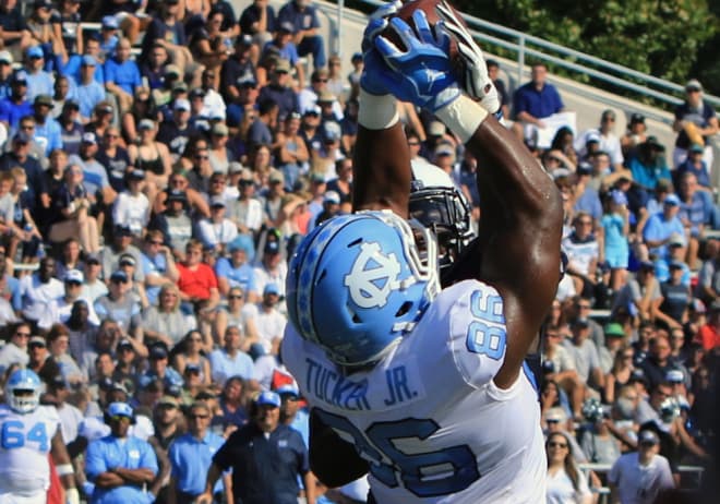 Carl Tucker was injured during this catch at ODU last season, but he's back to bolster a talented tight end group.