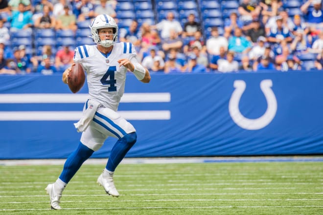 Indianapolis Colts quarterback Sam Ehlinger (4) runs the ball in the second half against the Carolina Panthers at Lucas Oil Stadium. Mandatory Credit: Trevor Ruszkowski-USA TODAY Sports