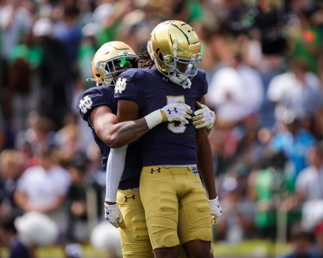 Notre Dame wide receiver Tobias Merriweather (5) entered the transfer portal on Wednesday, a day after receivers coach Chansi Stuckey was fired.